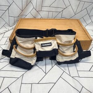 Husky Canvas Tool Belt Pouch Waist Apron Tan Suede Trim Adjustable Buckle Black
